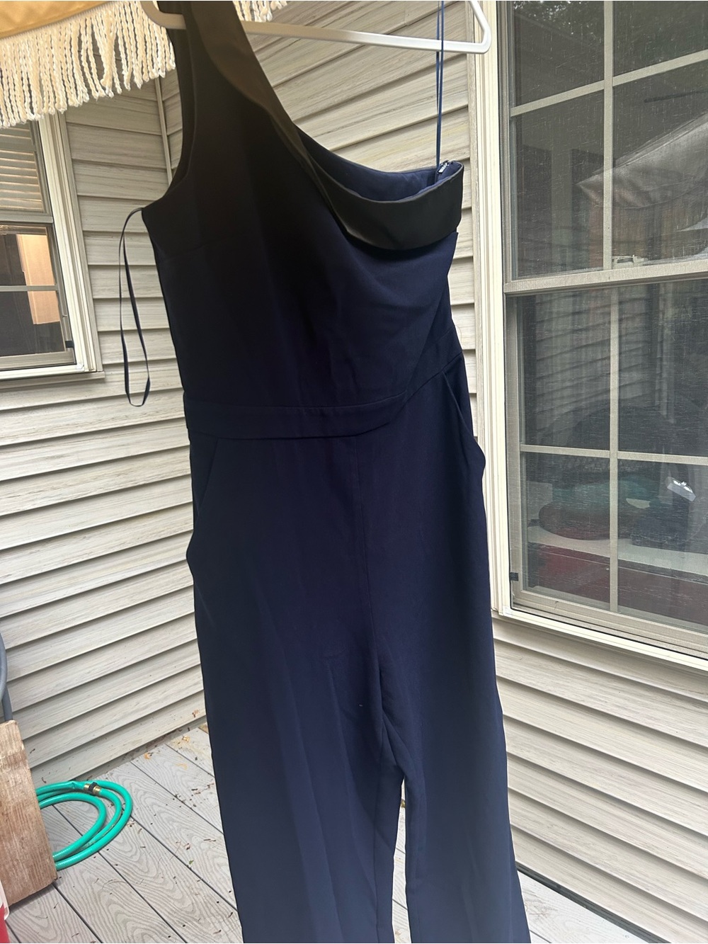 One-Shoulder Navy Satin-Trim Jumpsuit